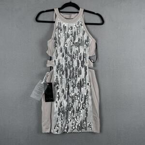 Bebe Dress Womens Medium Silver Sequin Cut Out Halter Bodycon Party Cocktail